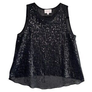 Devlin Sheer Sequined Top M Black Sleeveless Blouse Round Hem Tent Tank